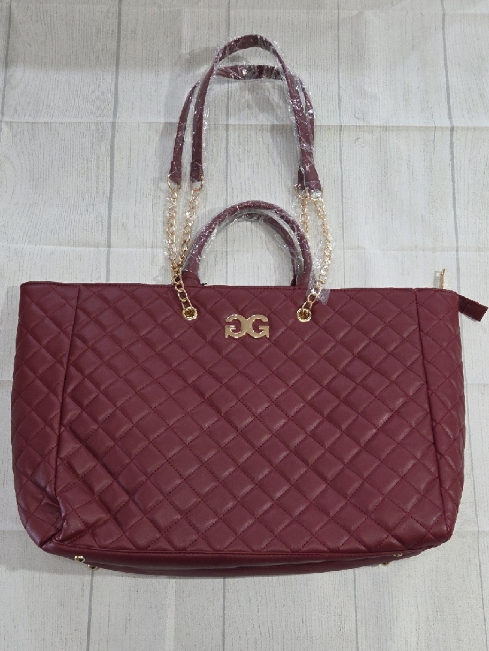 Quilted Burgundy Tote Bag with Gold Chain Handles